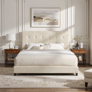 Sunvega Dynasty Beige King Size Tufted Upholstered Platform Bed with CertiPUR-US Foam