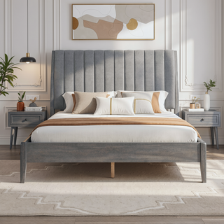Sunvega Modern Velvet Upholstered Queen Platform Bed with Gray Wood Legs