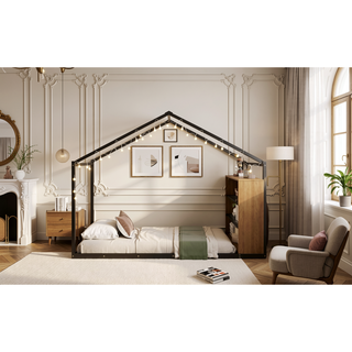 Sunvega Twin Size Black Metal House Bed Frame with Shelves and LED Lights