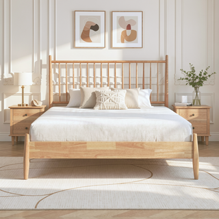 Sunvega Mid-Century Modern Design Full Platform Bed with Vertical Slats Headboard