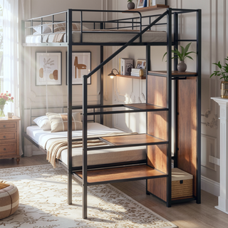 Sunvega Twin Over Twin Metal Bunk Bed with Lateral Ladder and Wardrobe in White