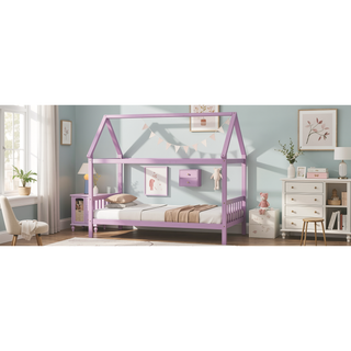 Sunvega Twin Rubber Wood House Bed with Headboard and Footboard in Light Grey