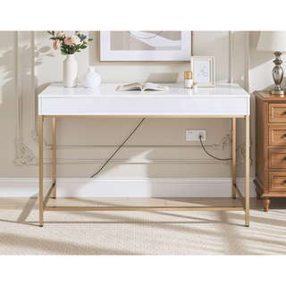 Sunvega Modern White High Gloss and Gold Writing Desk with 2 Drawers