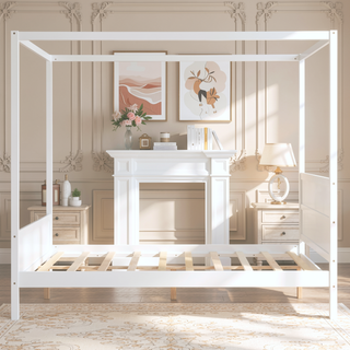 Sunvega Modern White Queen Size Canopy Platform Bed with Headboard and Footboard
