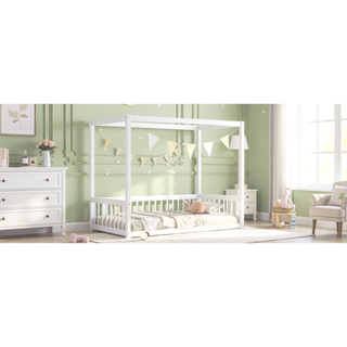 Sunvega Twin Size Canopy Frame Floor Bed with Guardrails and Natural Wood