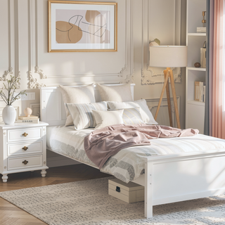 Sunvega White Twin Size Wood Platform Bed with Headboard and Sturdy Wood Slat Support