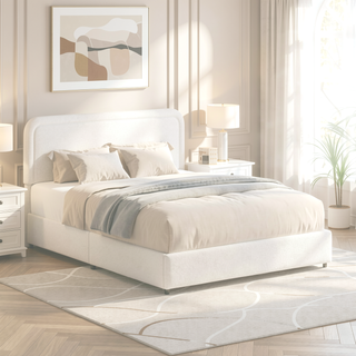 Sunvega Queen Size Ivory Boucle Upholstered Platform Bed with 4 Storage Drawers