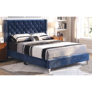 Sunvega Navy Blue Upholstered Queen Bed with Transitional Design Headboard