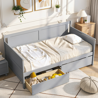 Sunvega Twin Size Pine Wood Daybed with Two Storage Drawers in White