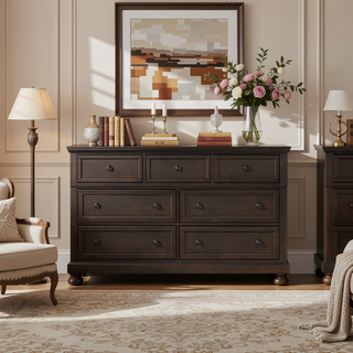 Sunvega Grayish Brown Wooden Dresser with 7 Dovetail Drawers and Antique Pewter Knobs