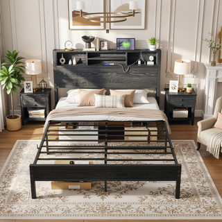 Sunvega Twin Size Bed Frame with Storage Headboard, Charging Station, and Bookcase