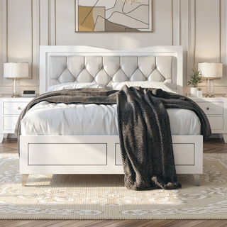 Sunvega Contemporary White Queen Size Platform Bed with LED Light Headboard