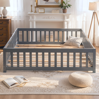 Sunvega Solid Wood Floor Bed with Safety Guardrails and Door for Children