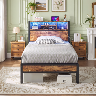 Sunvega Twin Size Bed Frame with Storage Headboard, Charging Station, and Bookcase