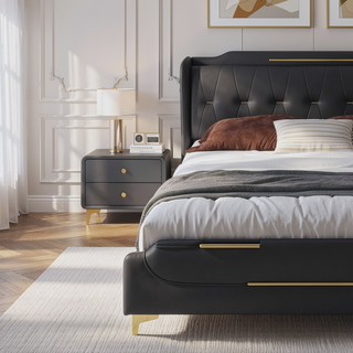 Sunvega Queen Size Leather Bed Frame with Wingback Headboard and Gold Metal Decor