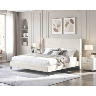 Sunvega King Beige Velvet Wingback Platform Bed with Low Profile Design