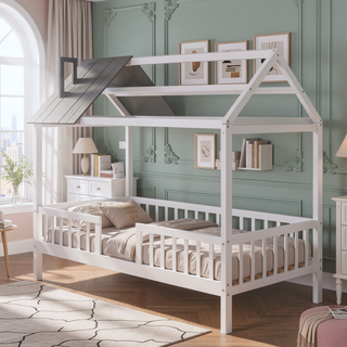 Sunvega White Twin Size Wood House Playhouse Bed with Fence for Kids Room
