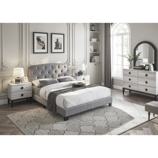 Sunvega Light Gray Burlap Button Tufted Headboard Queen Size Bed with Nailhead Trim