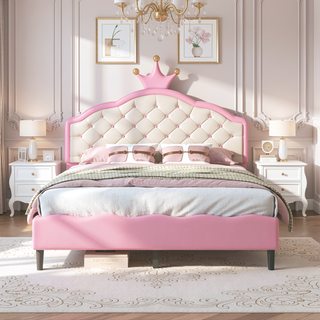 Sunvega Lovely Crown Fantasy PU Leather Princess Bed with Tufted Headboard