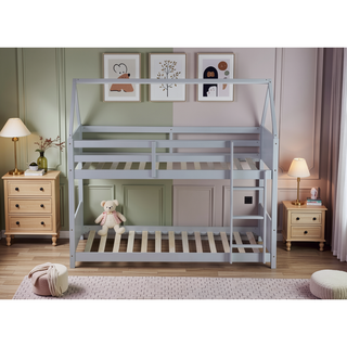 Sunvega Twin Over Twin House Floor Bunk Bed with Headboards Footboards Guardrails and Ladder
