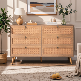 Sunvega Modern 6-Drawer Double Dresser with Rattan Drawers for Bedroom Storage