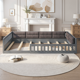 Sunvega Beige Full Size Upholstered Wood Platform Bed with Guardrail and Pillow