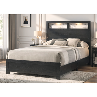 Sunvega Contemporary King Size Panel Bed Headboard with LED Sleek Sloping Design Black Finish