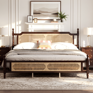 Sunvega King Pine Wooden Bed with Rattan Headboard and Footboard, Walnut