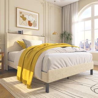 Sunvega Queen Size Metal Platform Bed with Storage Headboard and USB Charging Station