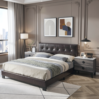 Sunvega Queen Size Brown Faux Leather Contemporary Rectangle Headboard