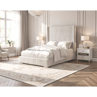 Sunvega Contemporary White Fur Chenille Fabric Mattress Ready Queen Size Bed