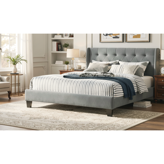 Sunvega Modern Light Gray Upholstered Tufted Headboard California King Platform Bed