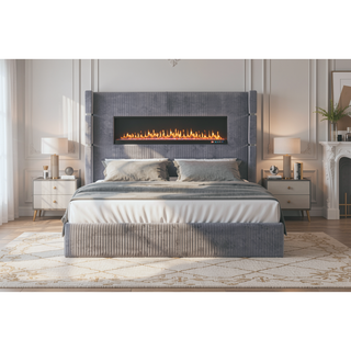 Sunvega Queen Size Upholstered Bed with Electric Fireplace and Bluetooth Speakers in Gray Velvet