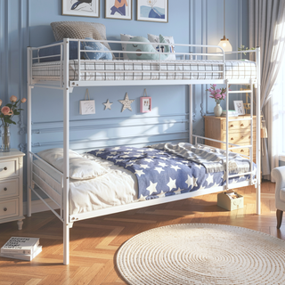 Sunvega Sturdy Twin over Twin Metal Bunk Bed Frame with Ladder and Vintage Headboard