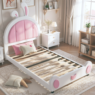 Sunvega Cute Rabbit Shaped Upholstered Twin Size Platform Bed with Sturdy Wood Construction