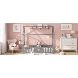 Sunvega Twin Size Wood House Bed with Fence Door and Distressed Washed Design