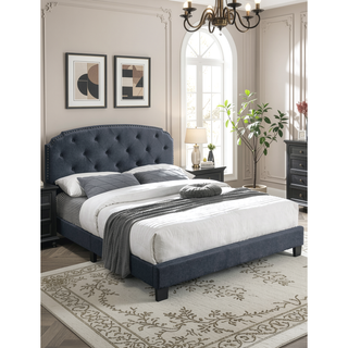 Sunvega Queen Size Charcoal Burlap Button Tufted Headboard Bed with Nailhead Trim