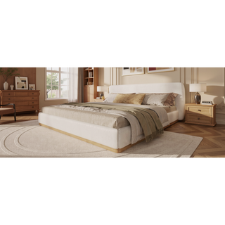 Sunvega Upholstered King Bed With Solid Wood Frame And Wooden Slatted Base White