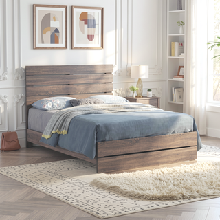 Sunvega Barrel Oak Slatted Headboard Queen Panel Bed with Matching Footboard