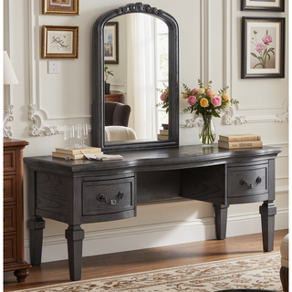 Sunvega Black Wooden Carved Vanity Set with Mirror Stool and Drawers