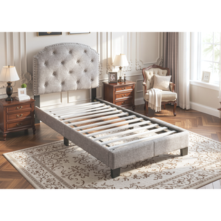Sunvega European Style Light Brown Burlap Button Tufted Headboard with Support Legs