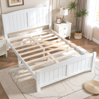 Sunvega White Solid Wood Queen Platform Bed with Slats No Box Spring Needed