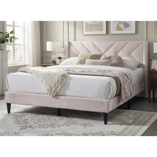 Sunvega Modern Light Pink Velvet Upholstered Queen Size Bed with Clean Lines Headboard