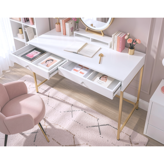 Sunvega White High Gloss Gold Finish Contemporary Vanity Desk with 2 Storage Drawers