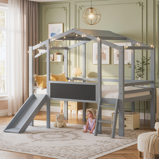 Sunvega Twin Size Loft Bed with Ladder Slide Blackboard and Light Strip