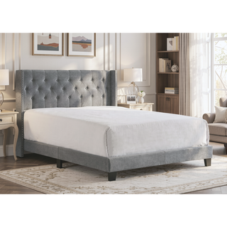 Sunvega Gray Polyester Fabric Wingback Bed with Button-tufted Details and Nailhead Trim