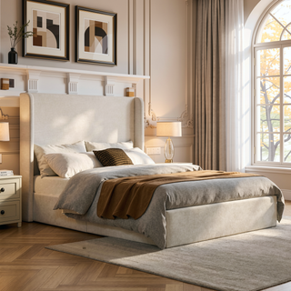 Sunvega Minimalist Upholstered Wingback Bed Frame with 54 Inch Headboard in Textured Ivory Canvas Chenille