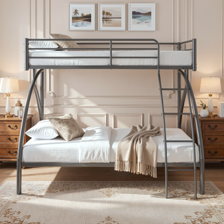 Sunvega Gray Metal Twin/Full Bunk Bed with Guard Rails and Ladder