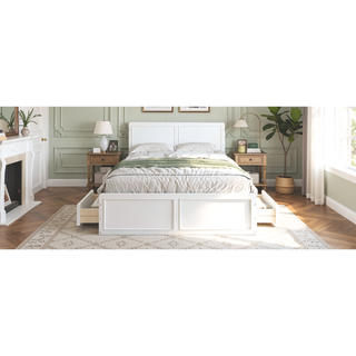 Sunvega Sturdy White Queen Size Platform Bed Frame with 6 Storage Drawers