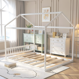 Sunvega Queen Size White House Shaped Bed with Headboard Made of Pine Wood